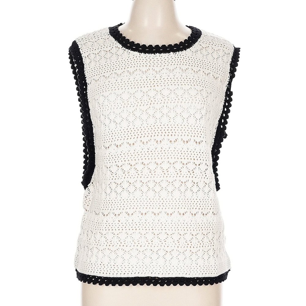 NWT Bobeau White Crochet Sleeveless Sweater Tank with Black Trim Sz L